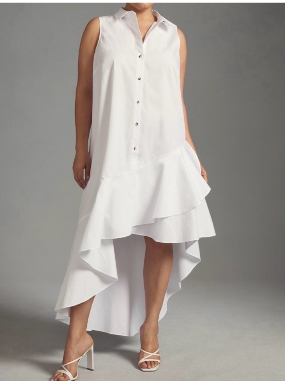 Anthropologie Sleeveless Buttondown Asymmetrical Ruffin Hem Dress Size M White
